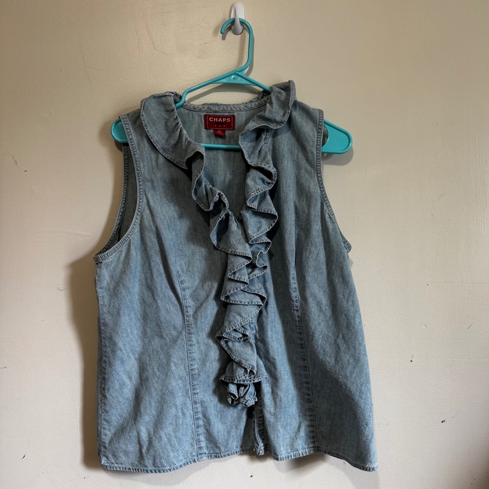 VTG Chaps Sleeveless Ruffle Neck 100% Cotton Chambray Shirt Women Sz 16 Cowgirl